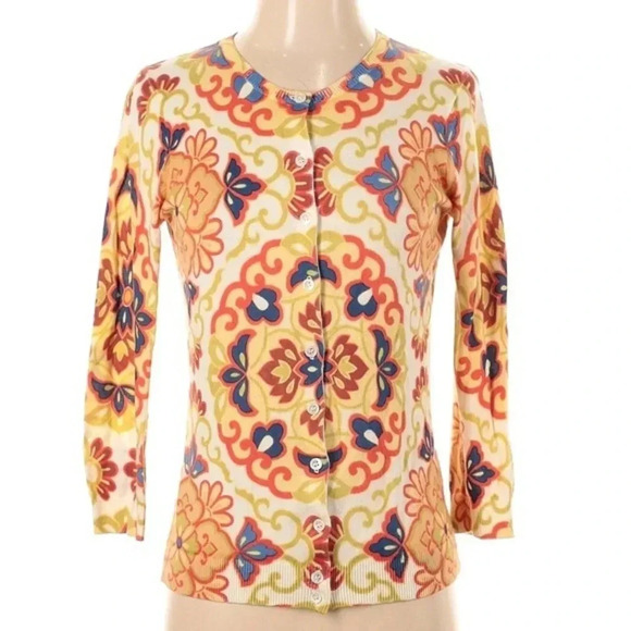 J. Crew Floral Mandala Print Button Down Cotton Cardigan Sweater Size Small S - Picture 1 of 3